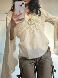 Fongt Cloth Forgets The Ancient Wild Folk Style V Tie With Horn Long-Sleeved Top Knitted Shirt
