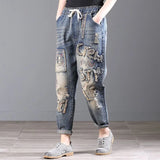 Korean Fashion Women Jeans 2022 New Bottoms Loose Casual Trousers Embroidery Cartoom Harem Pants Pantalones De