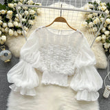 Lace Design Sense Shirt French Niche Lantern Sleeve Temperament Slim And Short Style Blouse-Outfit