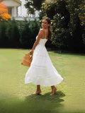 Fongt New Women's Bohemian Sling Dress Lace Splicing Big Dress