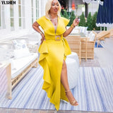 S-3XL African Dresses for Women 2021 V-neck Long Maxi Dress African Clothes Dashiki Ruffles Split Robe Africaine Femme With