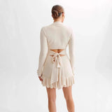 Fongt Bow Tied With Lot Of Leaves Side Of The Knitted Dress Pearl Buckle Long-Sleeved Little Scented Style Dress