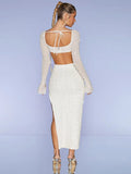 2023 New Fall Ladies White 2 Piece Sexy Beaded Long Sleeve Short Top Tight Long Dress Sexy Club Celebrity Party