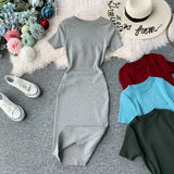Fongt Solid-Color Temperament Round-Neck Knitted Tight Skirt Dress Bag Hip One-Step Skirt Dress Mid-Long Model