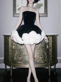 Black Strapless 3d Floral A-Line Mini Dress-Outfit