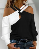 Fongt New Women's Casual Temperament Design Sense Of Color Open Shoulder Hanging Neck Long Sleeve