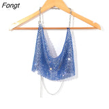 New Rhinestone Tops for Women 2022 Fashion Sleeveless Halter Hollow Out Shiny Metal Cropped Mesh Tank Sexy Backless