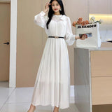 Fongt 2025 New Sweet Bow Heavy Industry Waist Display Thin Folding Solid Color Chiffon Long Sleeve Dress