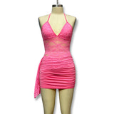 Fongt Perspective Sling Sling Vest Hollow Lace Splicing Bag Hips Short Skirt 2025 New Women's Suit