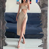 Fongt New 2023 Summer Hot Sexy One-Word Shoulder Fake Two-Piece High Waist Slit Strapless