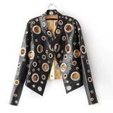 and American Fashion Stand Collar pu Jacket Coat Loose Bright openwork Metal Ring Decoration pu Jackets Coats Black
