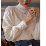 Half Turtleneck Lace Blouse Knitted Pullover Puff Sleeves Fashion Women Autumn Shirts