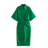 2022 Short Sleeve Summer New Women Fold Mini Dress Retro Slim Elastic Button Pleated Shirt Lapel