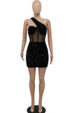 Glitter Single Shoulder Mesh Patchwork Short Dress New Glam Off Shoulder Mini Dresses Luxury Party Dress Sexy