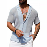 Fongt Men's Summer Cool Shirt Men's Casual Knit Hollow Out Breathable Short Sleeved Lapel Fashion Men's