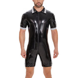 Fongt Plus Size Men's PVC Bright Leather Onesie Sexy Zipper Open Gear Onesie Leather Pants Size Accurate-Outfit