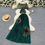 Fongt Folded Two Sets Of Women's Waist Repair Short Sleeve Pressure Folded Blouse Flowers High Waist 100 Folds Skirt