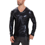 Fongt Men's Soft Lacquer Leather T-Shirt V Neck Long Sleeve Bright Leather Coat No Odor Size Accurate-Outfit