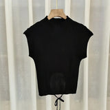 Chest Large Close-Fitting T-Shirt Women's Summer New Spicy Girl Hollowed-Out Round-Neck Short Solid Color Retro Short-Sleeved Blouse-Outfit