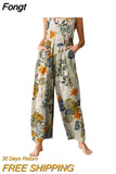 Women Casual Floral Print Strappy Dungarees Vintage Cotton Linen Loose Party Long Harem Overalls Rompers