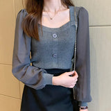 Fongt Bubble Sleeves Women's Long Sleeve Spring New Square Collar Knitted Shirt Dress Jacket Coat Jacket