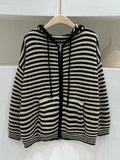 Hooded Striped Long Sleeve Knit Cardigan-Outfit
