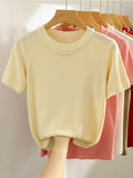 Knitted T-shirt Women Top Solid Tank Y2K Summer New Fashion Female Sleeveless Beading Casual Thin Tops 2024-Outfit