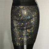 Women Solid Empire Hollow Out Slim Above Knee Skirts Shiny Rhinestone Fishnet Grid See Through Bodycon Package Hip Mini