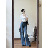 Fongt Summer French White Lace Stitching Design Shirt Women Commuting Micro-Rave Jeans Two-Piece Set