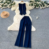 Fongt Temperament Design Sense Metal Buckle Round-Neck Sleeveless Vest + High-Waist Broad-Legged Trousers Denim Set Of Women