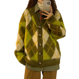 Fongt 2023 New Autumn Winter Loose Green Diamond Sweater Cardigan Coat Thick Lazy Sweater Women-Outfit