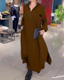 Fongt Summer New Casual Solid Color Loose Thin V Collar Long Sleeve Dress