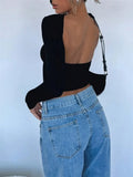 Fongt New Umbilly Babes Hollow Back Slim Thin Long-Sleeved T-Shirt Top