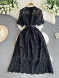 Fongt Retro High-End Squealing Hook Lace Dress Women's Summer Waist Thin Temperament A-Word Fairy Dress