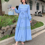 Fongt Wooden Ear Collar Buckle Tie With Long Hollow Lace Splicing French Bubble Sleeve Dress