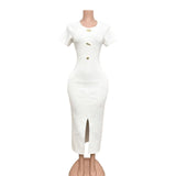 Fongt Body-Stupling Short-Sleeved Bag Hip Dress Gold Metal Buckle Open-Fork Solid Color Dress