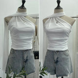 Fongt Shooting 2025 Spring New Mesh Hanging Neck Top Women With Asymmetric Sleeveless Vest Short Top 1125