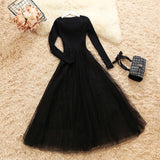 Women 2022 Knitted Mesh Patchwork Dress Long Sleeve Elegant Woman Casual Knitted