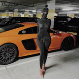 Fongt 2025 Fashion Sexy Flash Show High-Neck Long Sleeves Long-Sleeved Hat Jumpsuit