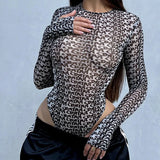 Fongt Sexy Long Sleeve Tight Body With Trend Letter Printing Mesh Perspective Conjoined Woman