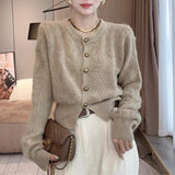 Fongt Winter New Round Collar Small Fragrant Wind Small Single Breasted Cardigan Sweater Versatile Thick Knit Jacket Female-Outfit