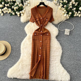 Fongt Little Scent Retro V-Neck Metal Single-D Row Buckle Slimming Temperament Knitted Dress Spring