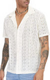 Fongt New Fashion Men's Casual Short-Sleeved Lace Collar Button Hollow Cool Perspective Shirt