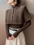Cloak Sweater 2 Piece Sets Fall Winter Retro Thick Mock Neck Knit Cape And Slim V-neck Pullover Women Warm Sweaters