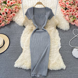 Fongt Thin Collar Knitted Dress Short Sleeve 2025 Summer New Temperament Sexy Hot Ass Long Skirt