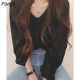 Women Solid Color Minimalist Long Sleeve Fairy Elegant V-neck Knitting Thin Breathable Soft Casual Basic Sun-proof