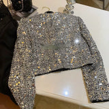 Heavy Sequins Starlight Silver Jackets Spring Long Sleeve Coat Women Y2k Grunge O-neck Single Breasted Tops Mujer-Outfit