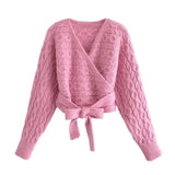 Women New Fashion With Tied Wrap Knitted Cardigan Sweater Vintage Long Sleeve Loose Short Outerwear Chic