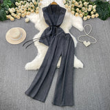 Fongt Gray West Assembly V-Neck Double Buckle Vest Sleeveless Waist Blouse + High Waist-High-Scretch Broad-Legged Trousers Two