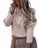 Work Wear Women Blouses Long Sleeve Back Metal Buttons Shirt Casual O-Neck Plus Size Size Tops Fall Blouse Office